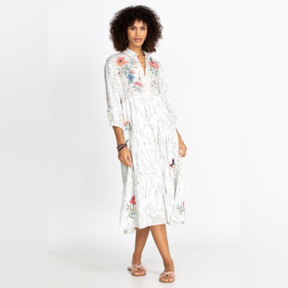 Johnny Was White Dress with Colorful Floral Embroidery